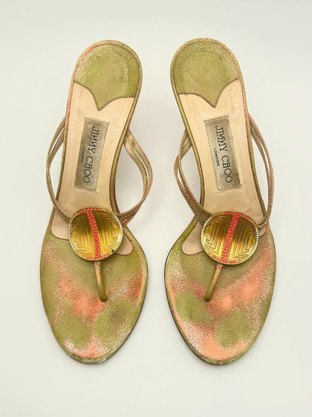 Jimmy Choo Metallic Leather Kitten Heels Thong Sandals